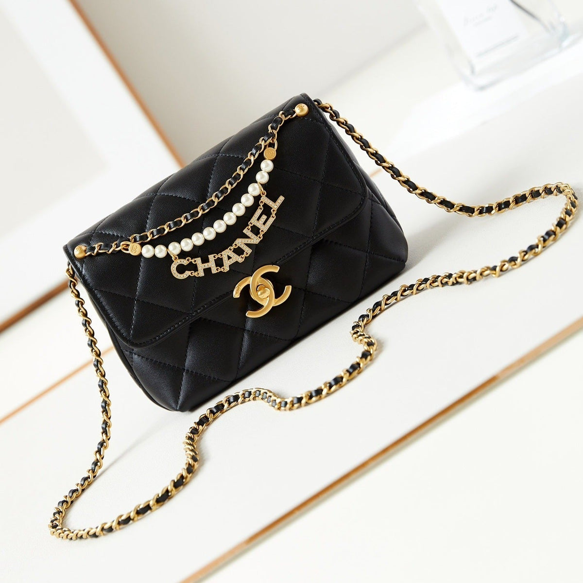 24A FLAP BAG LAMBSKIN PEARL GOLD HARDWARE