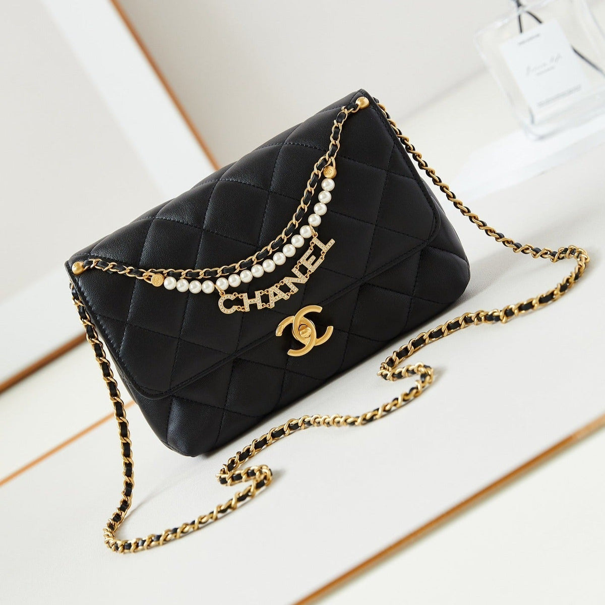24A FLAP BAG LAMBSKIN PEARL GOLD HARDWARE