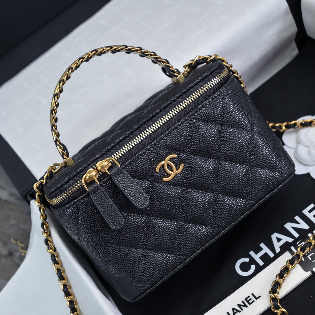 C*C 24A Vanity Top Handle 16cm Black Grained Calfskin Gold Hardware
