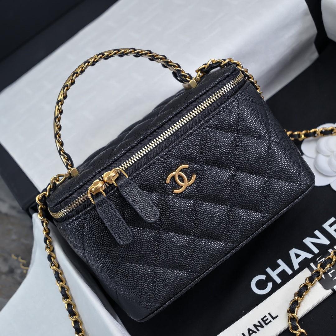 C*C 24A Vanity Top Handle 16cm Black Grained Calfskin Gold Hardware
