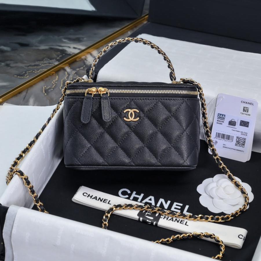 C*C 24A Vanity Top Handle 16cm Black Grained Calfskin Gold Hardware