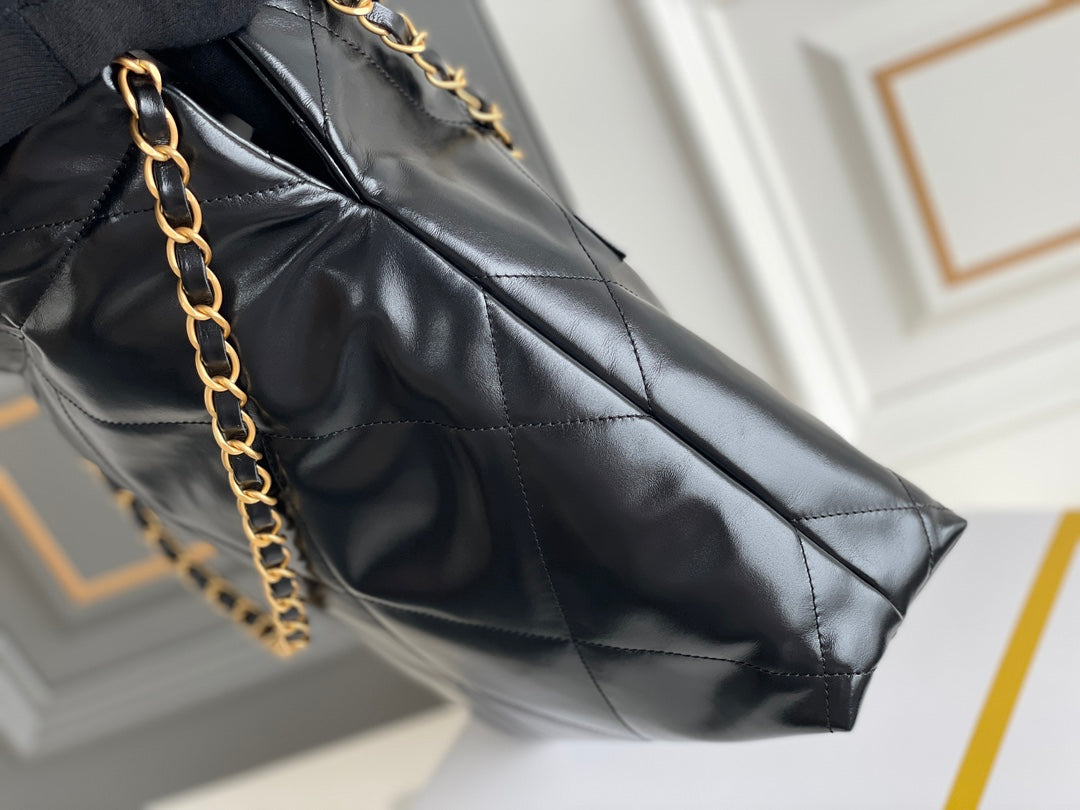 24B C*C 22 Hobo Bag 35cm Black Lambskin Gold Hardware
