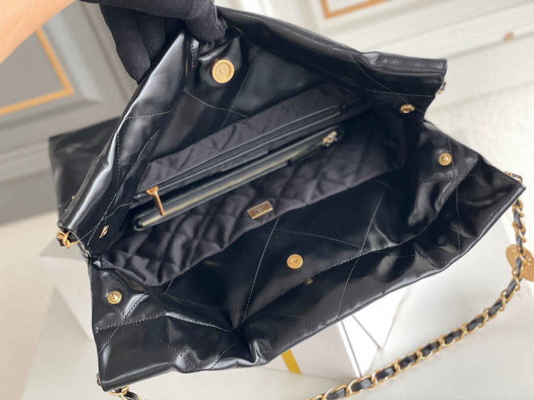 24B C*C 22 Hobo Bag 35cm Black Lambskin Gold Hardware