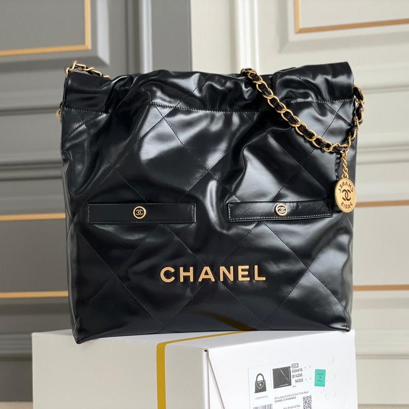 24B C*C 22 Hobo Bag 35cm Black Lambskin Gold Hardware