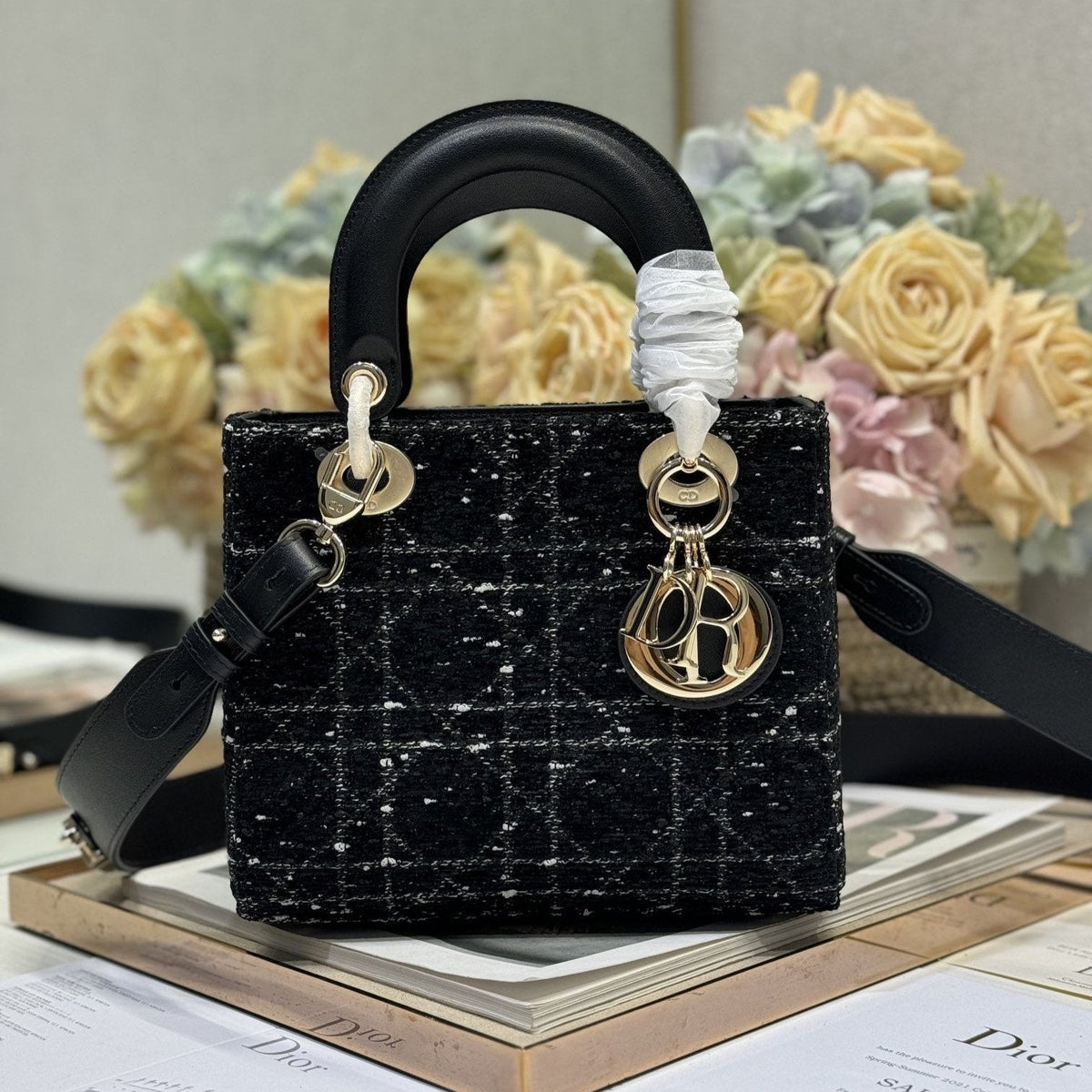C*D Lady Bag 20cm Black Lambskin Black White Canvas