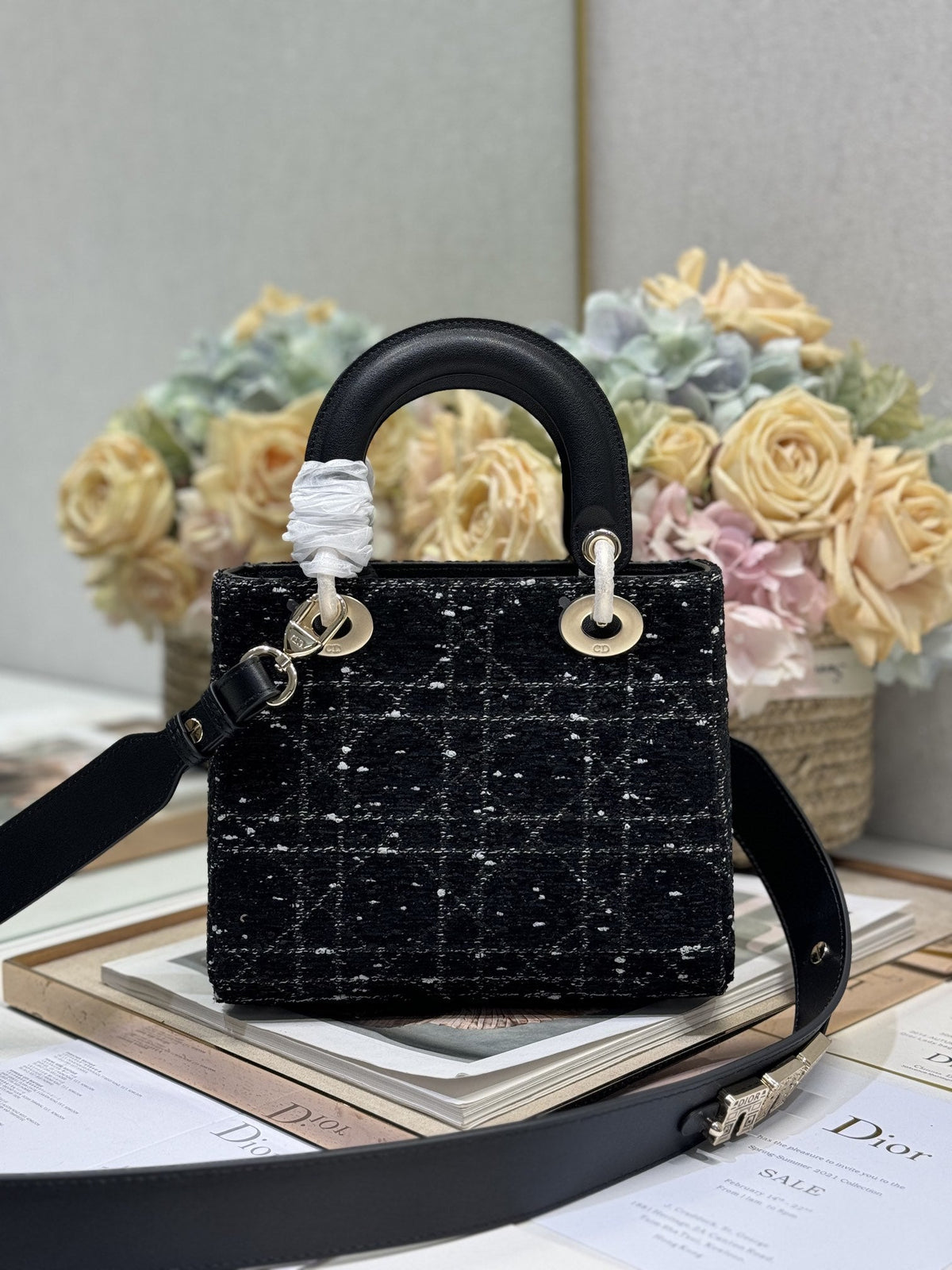 C*D Lady Bag 20cm Black Lambskin Black White Canvas