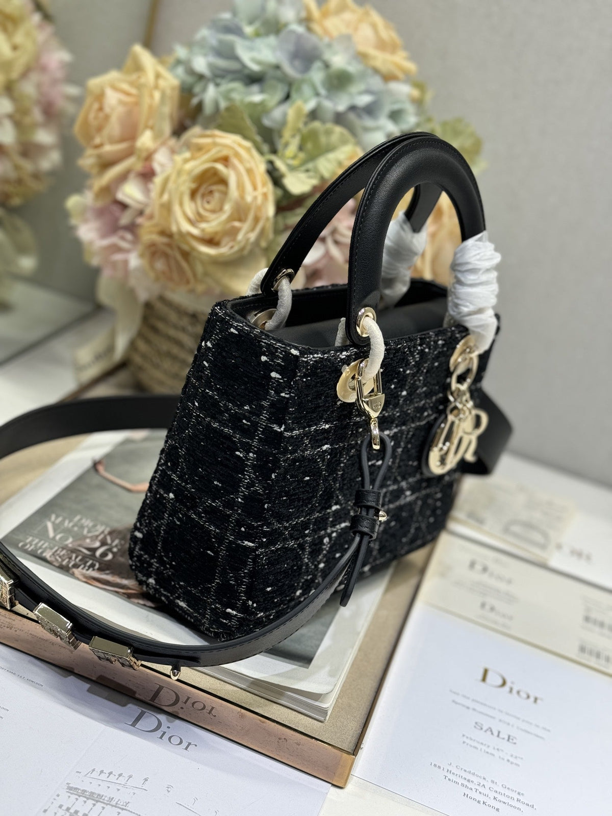 C*D Lady Bag 20cm Black Lambskin Black White Canvas