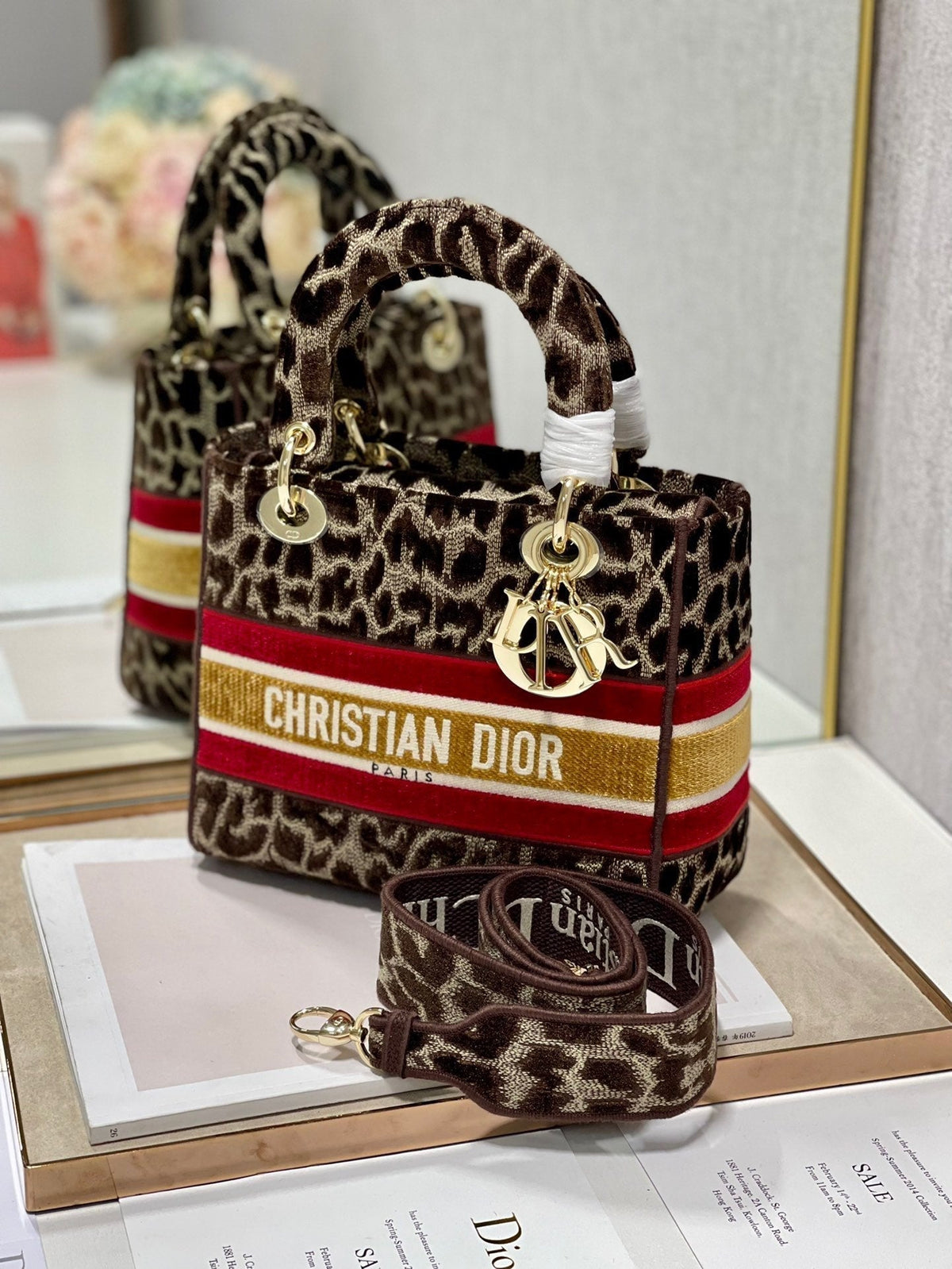 C*D Velvet Leopard Print 24 Lady D*or Bag Canvas