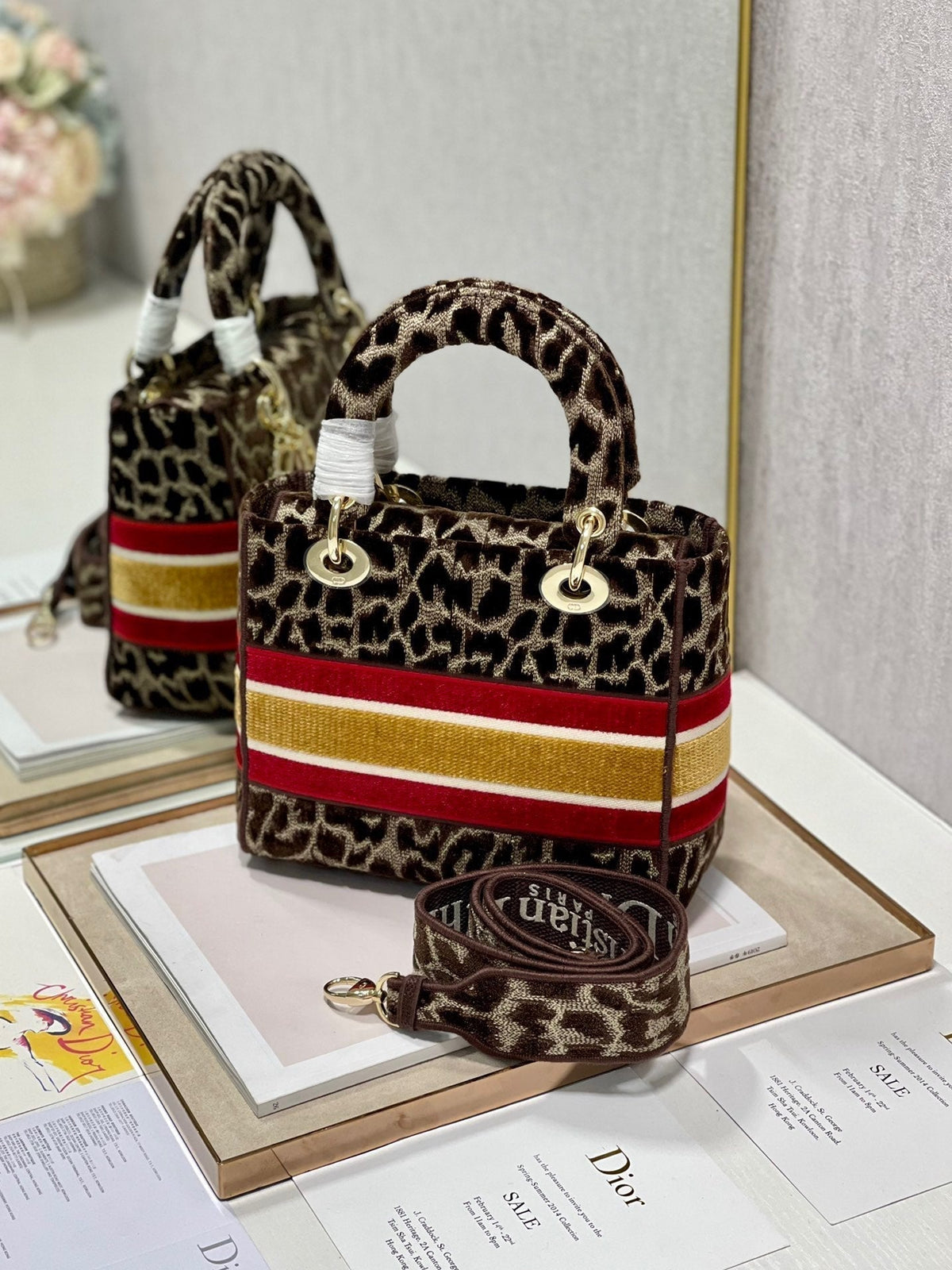 C*D Velvet Leopard Print 24 Lady D*or Bag Canvas