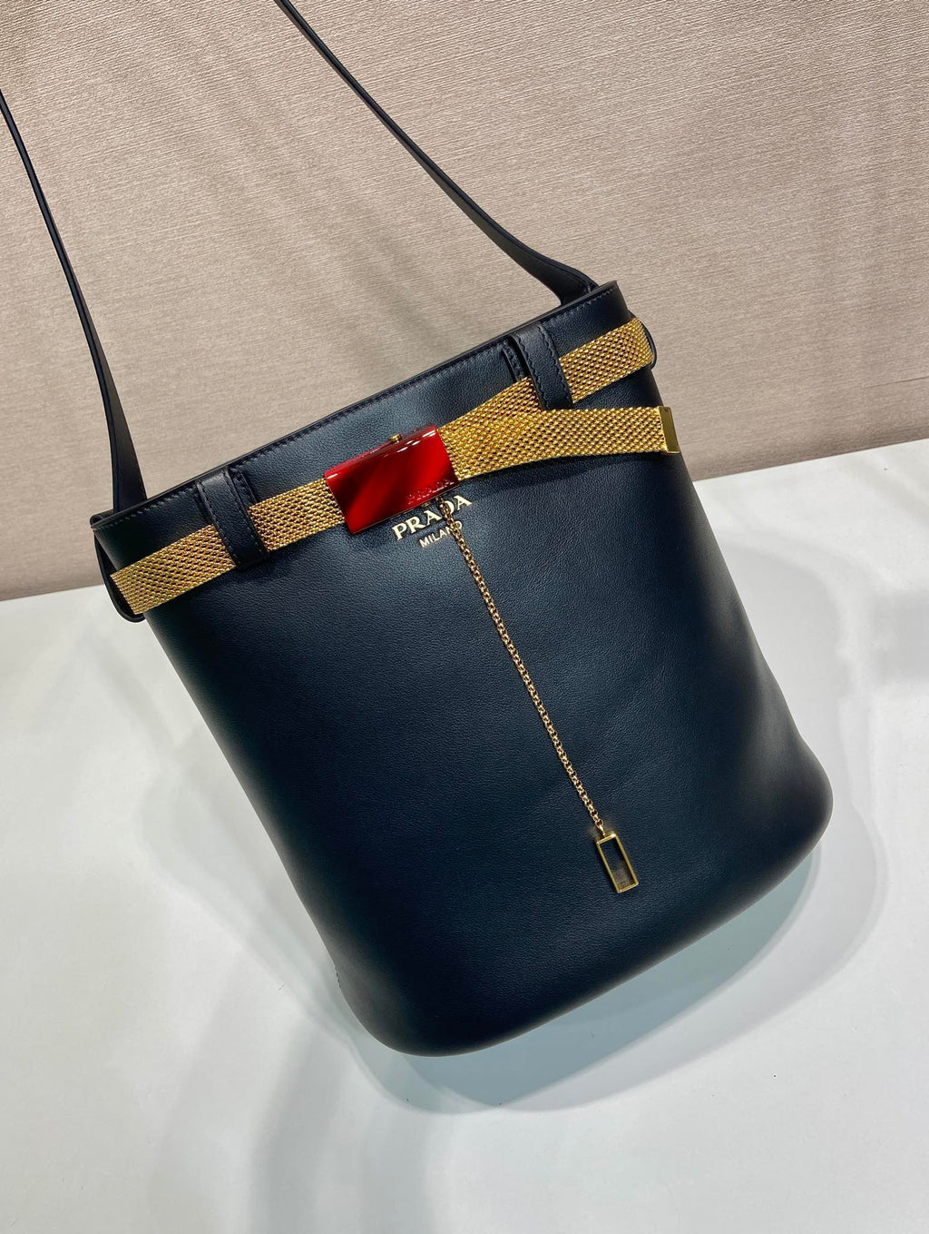 Pr*a bucket bag iron chain belt black leather