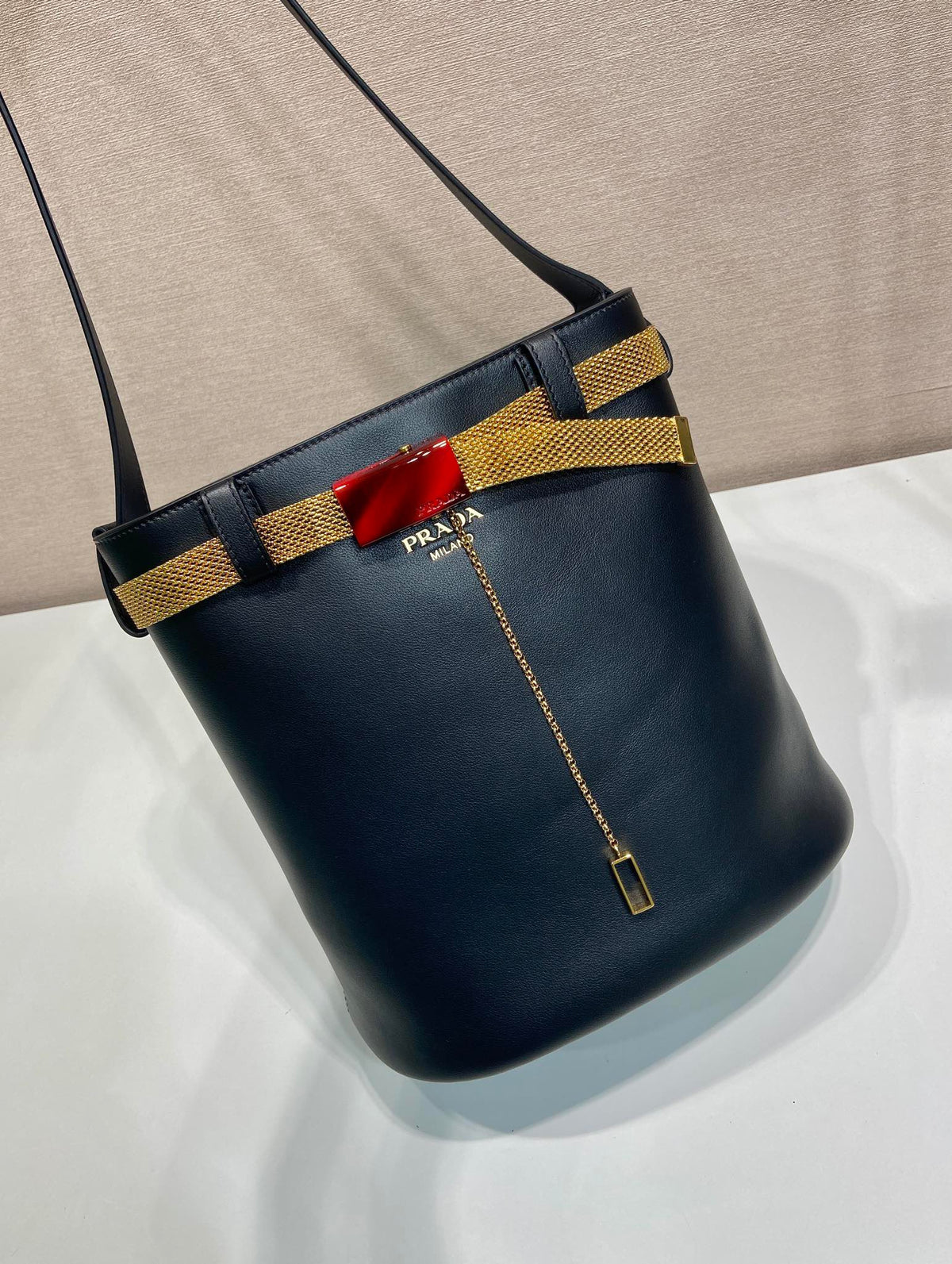 Pr*a bucket bag iron chain belt black leather