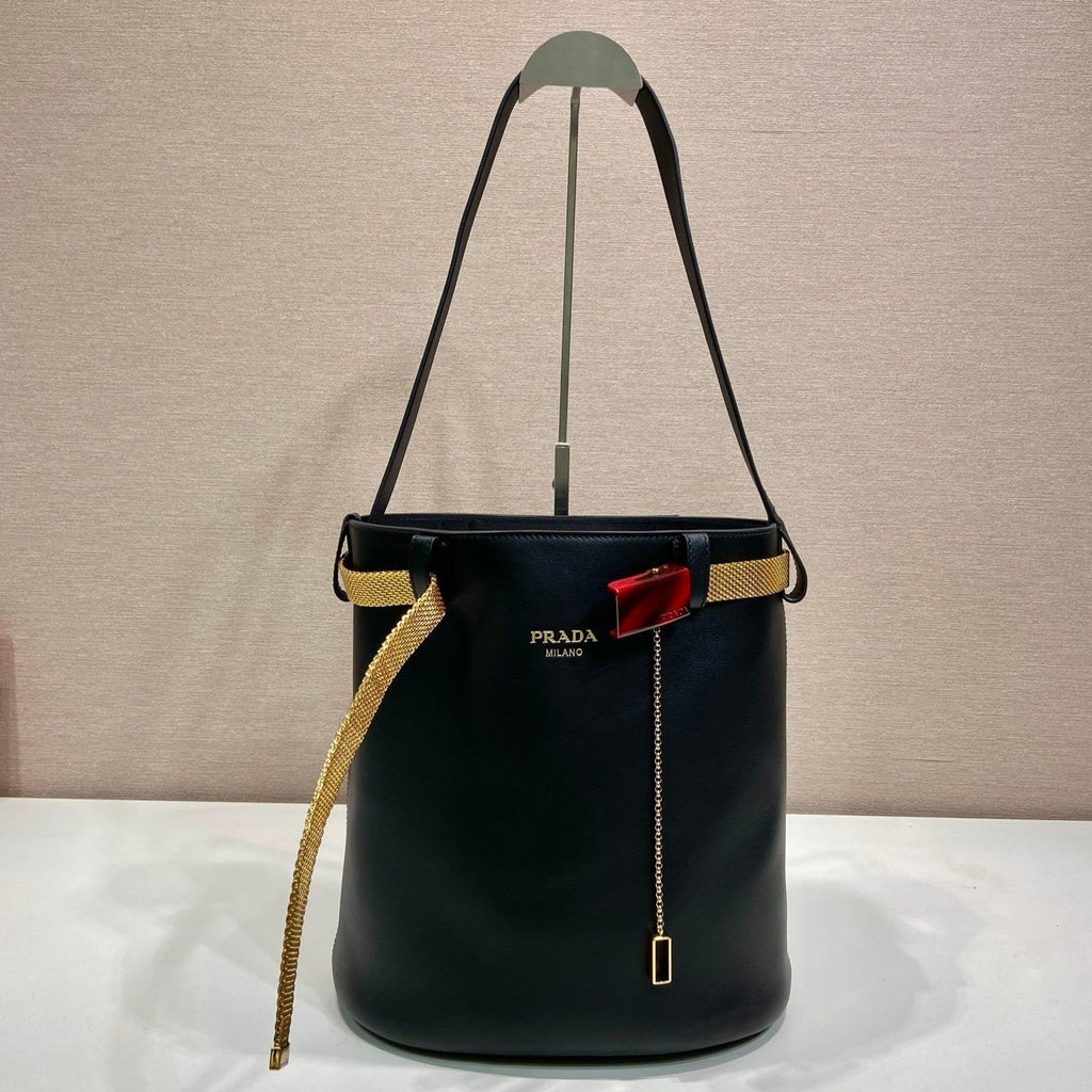 Pr*a bucket bag iron chain belt black leather