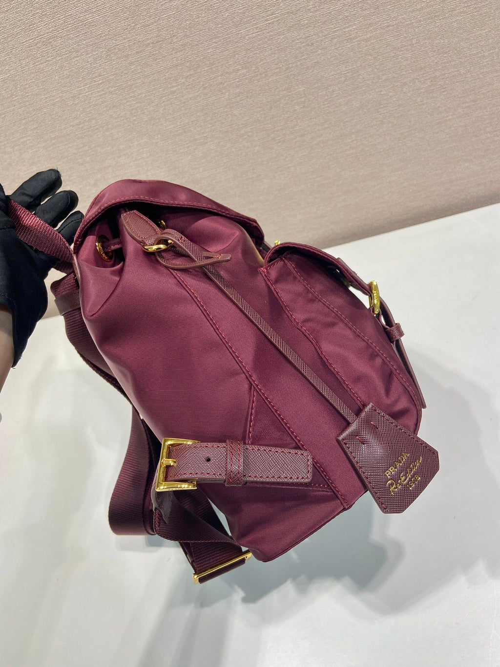 Pr*a backpack 28 burgundy nylon fabric gold hardware