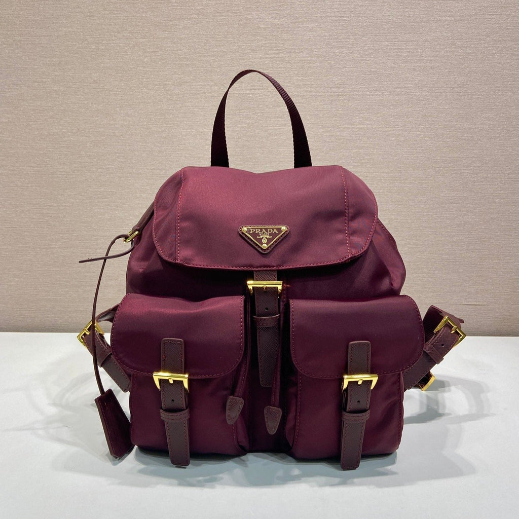 Pr*a backpack 28 burgundy nylon fabric gold hardware