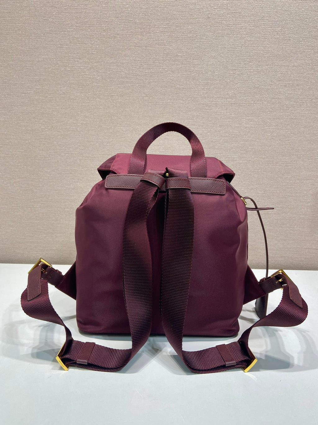 Pr*a backpack 28 burgundy nylon fabric gold hardware