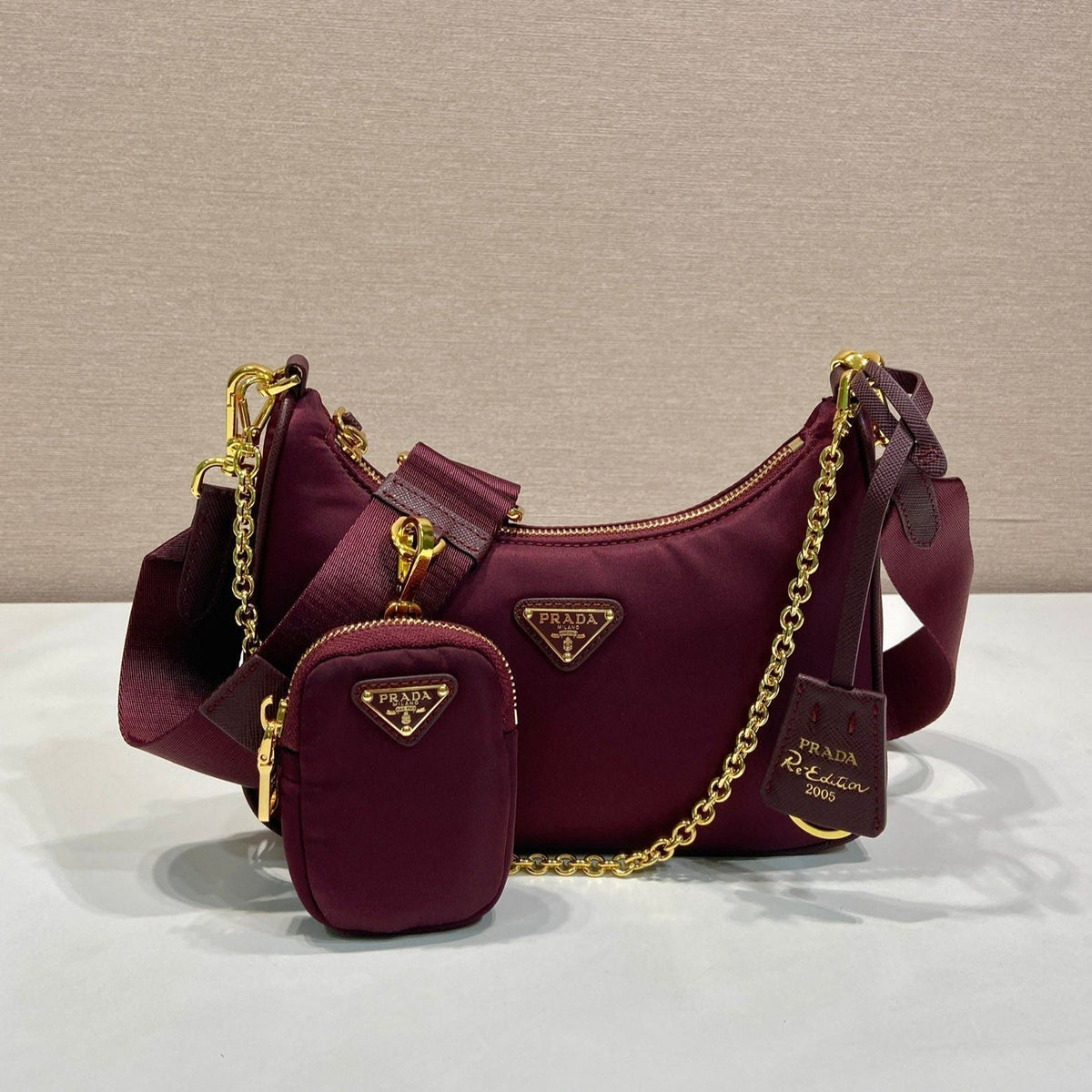 Pr*a Hobo Underarm Bag burgundy nylon fabric