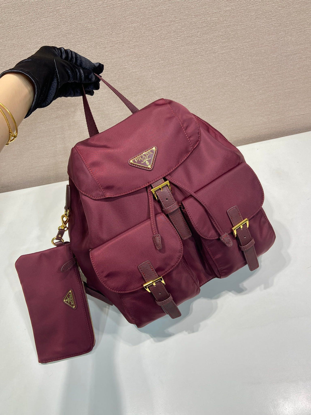 Pr*a Backpack 32 burgundy nylon fabric