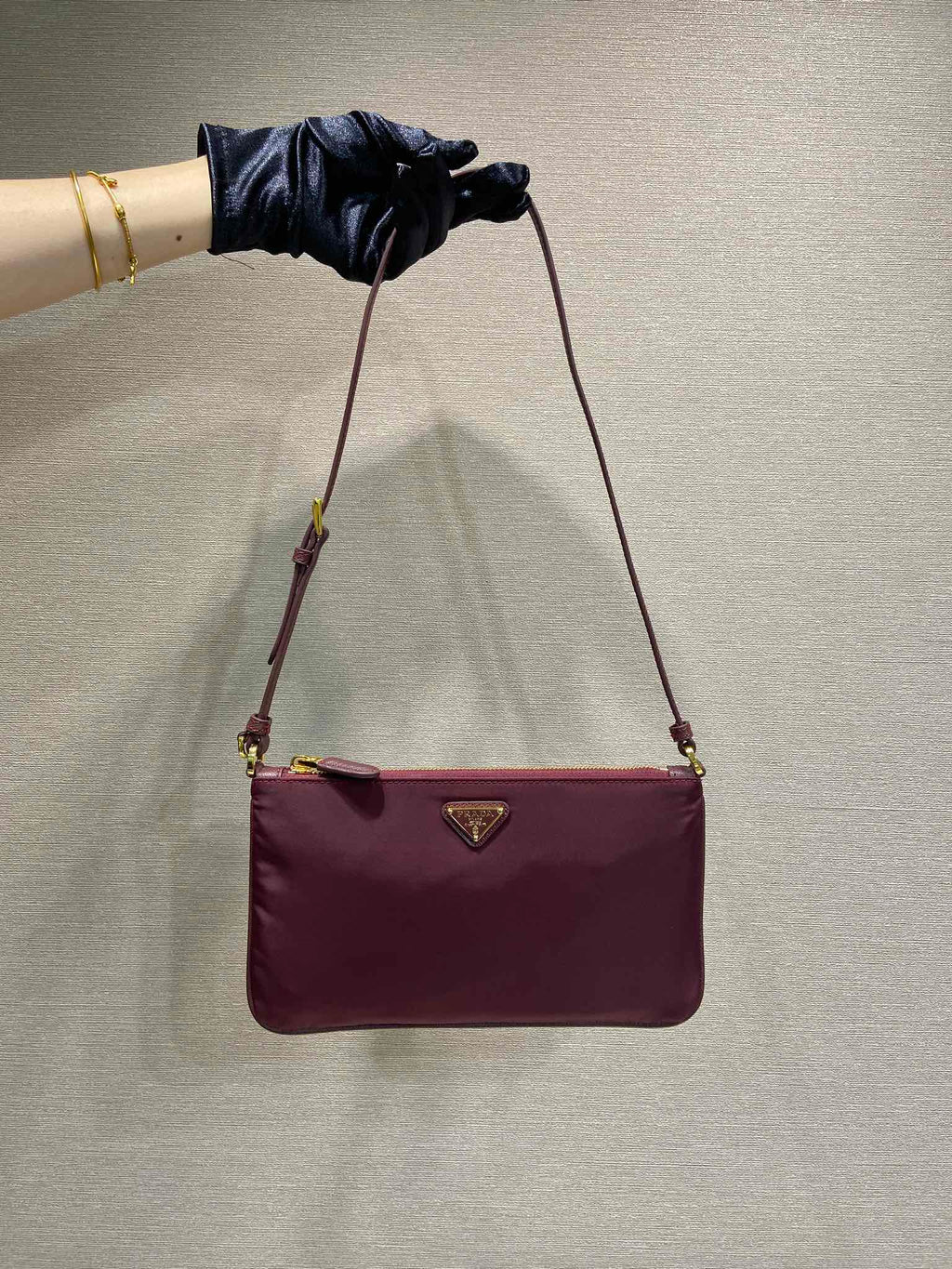 Pr*a vintage long shoulder bag burgundy nylon fabric