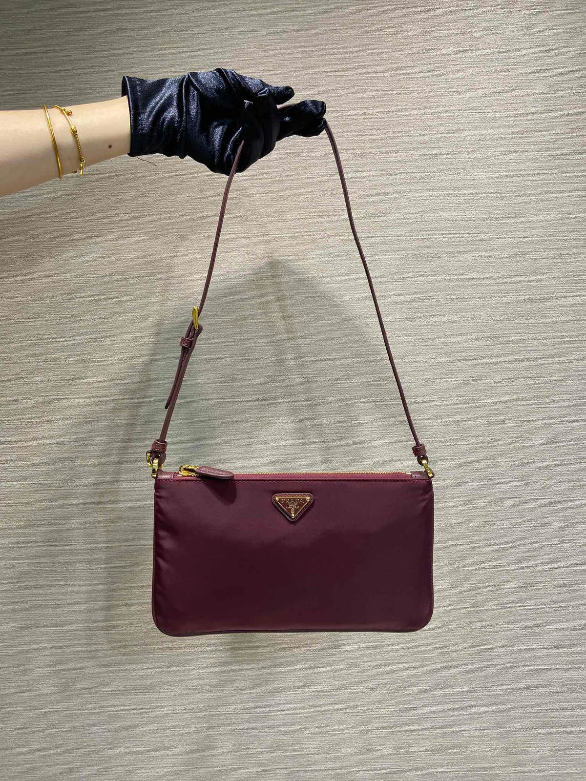 Pr*a vintage long shoulder bag burgundy nylon fabric