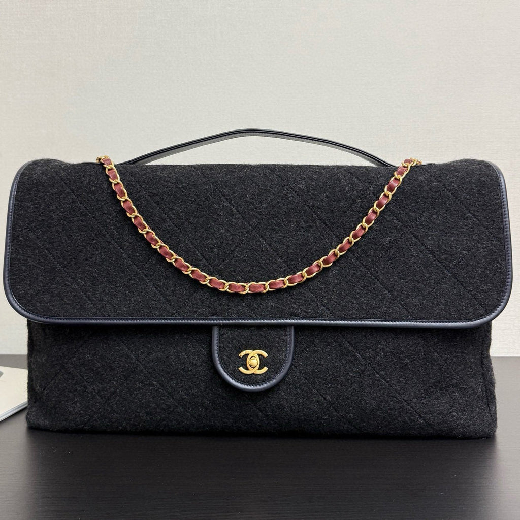 Ch*nel 2025 Maxi Flap Bag With Top Handle 56cm Black Wool Leather