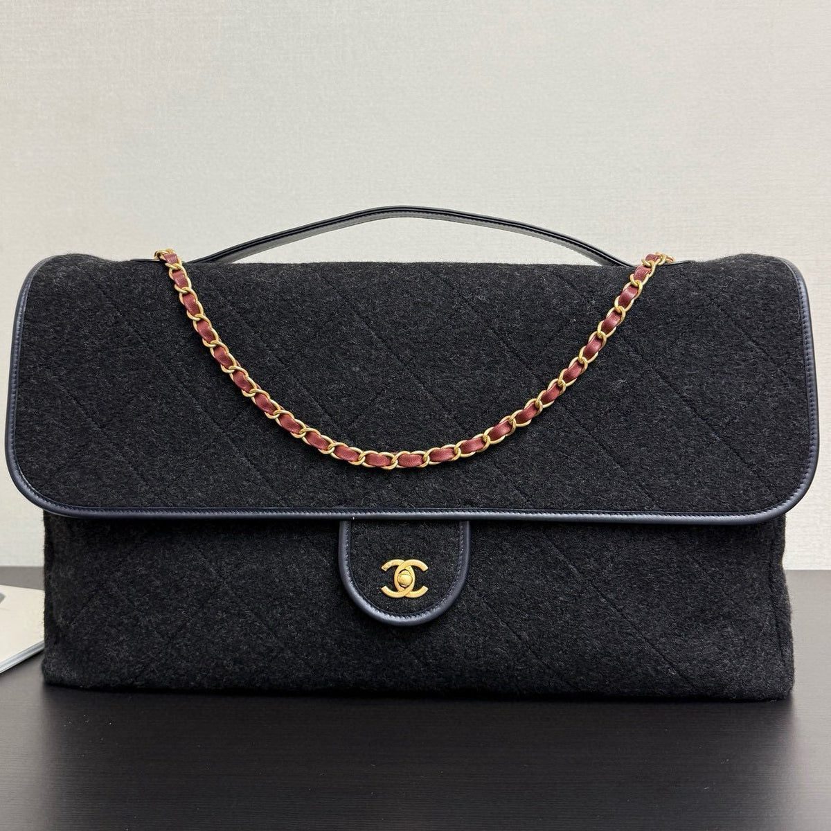 Ch*nel 2025 Maxi Flap Bag With Top Handle 56cm Black Wool Leather