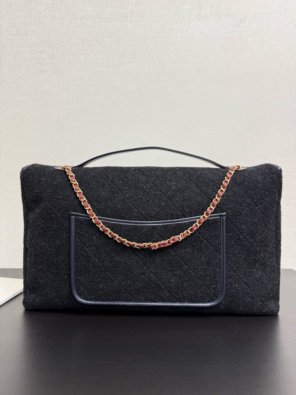 Ch*nel 2025 Maxi Flap Bag With Top Handle 56cm Black Wool Leather