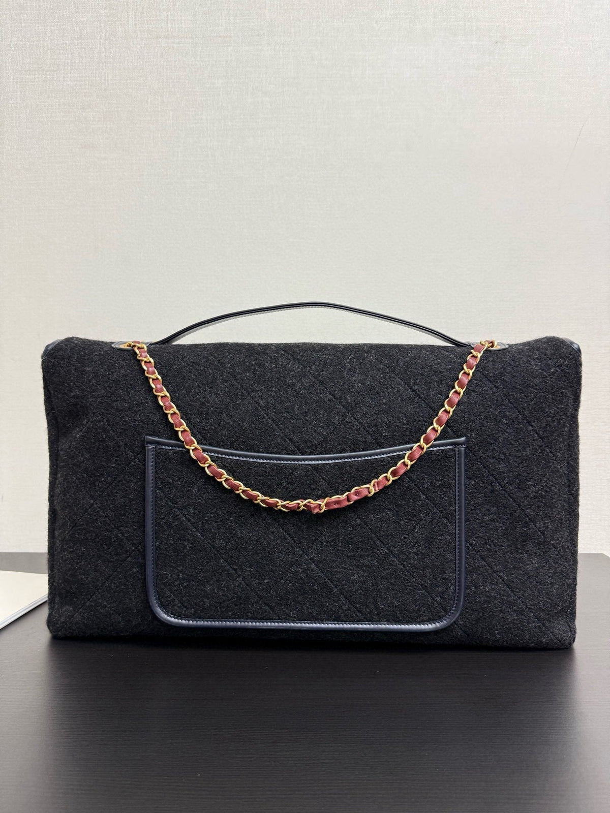 Ch*nel 2025 Maxi Flap Bag With Top Handle 56cm Black Wool Leather