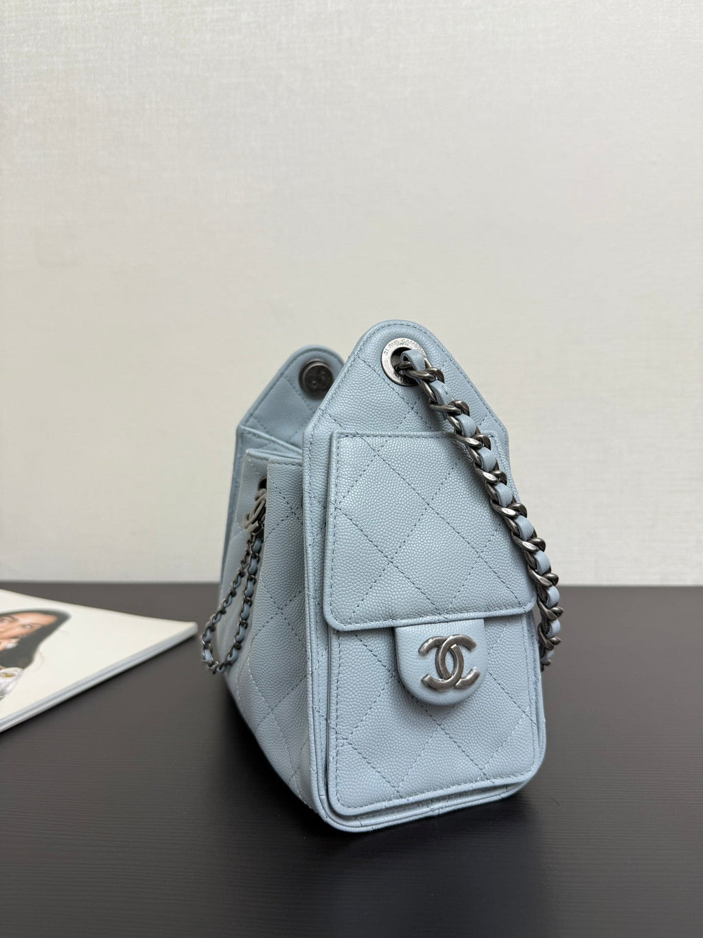 Ch*nel 2026 Hobo Bag 22cm Light Blue Grained Calfskin With Silver Hardware