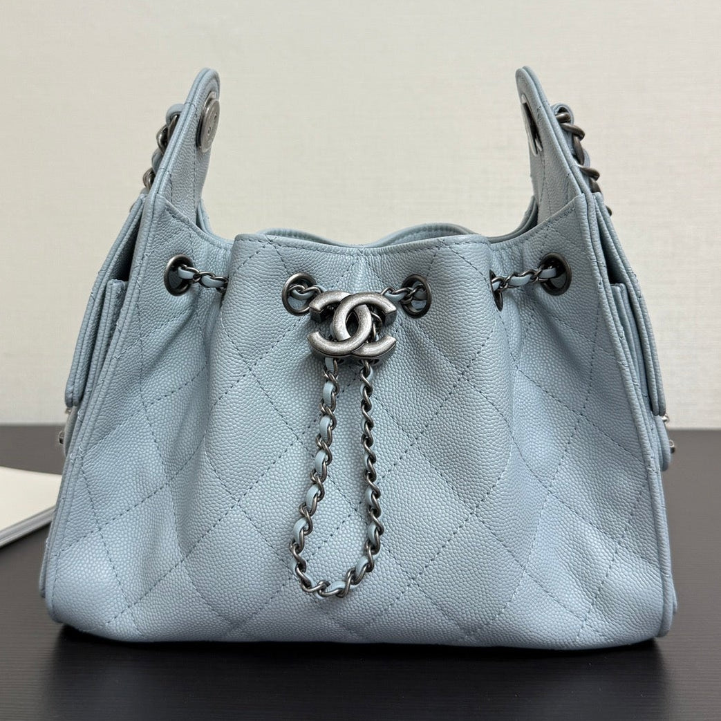 Ch*nel 2026 Hobo Bag 22cm Light Blue Grained Calfskin With Silver Hardware