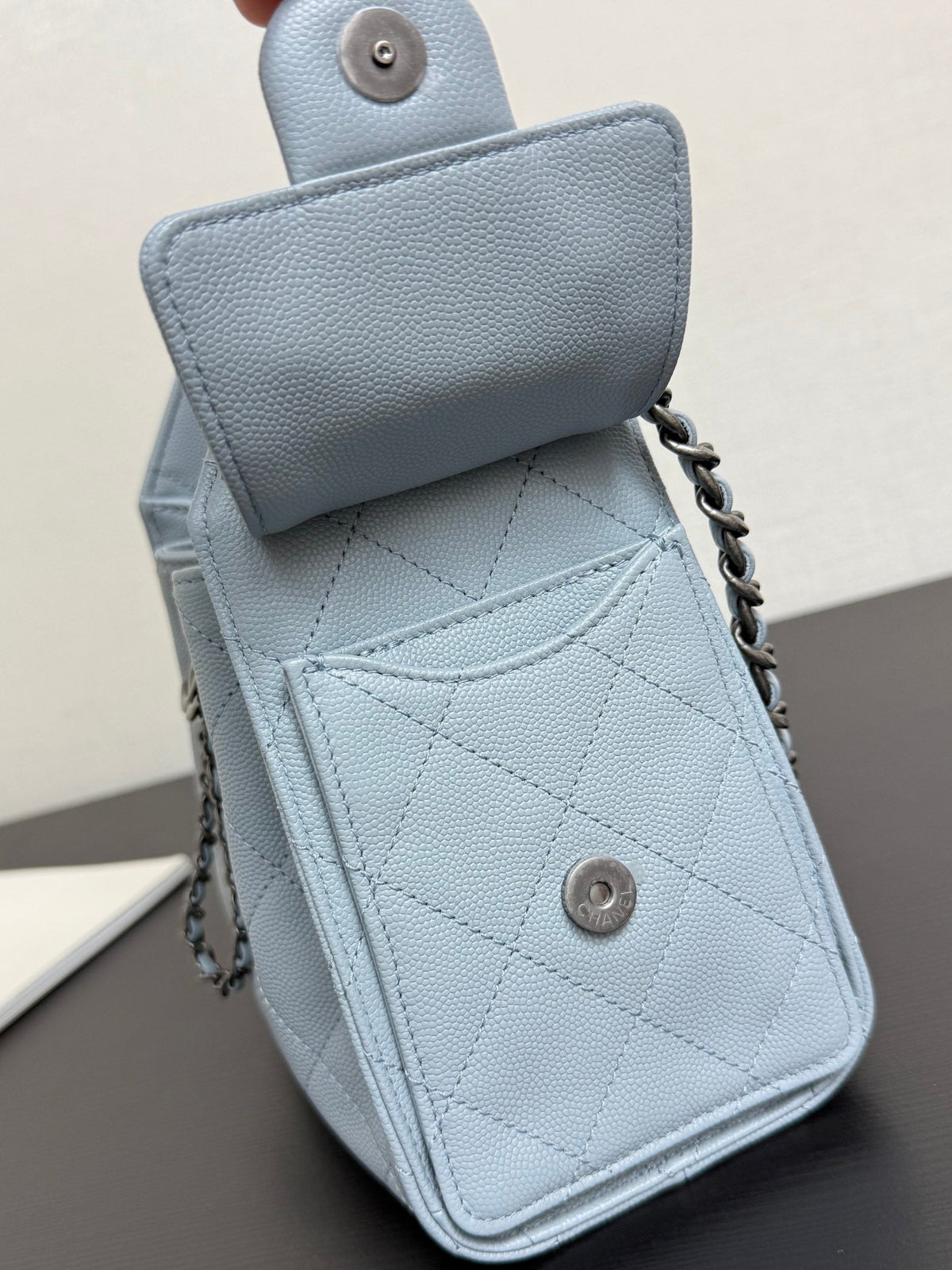 Ch*nel 2026 Hobo Bag 22cm Light Blue Grained Calfskin With Silver Hardware