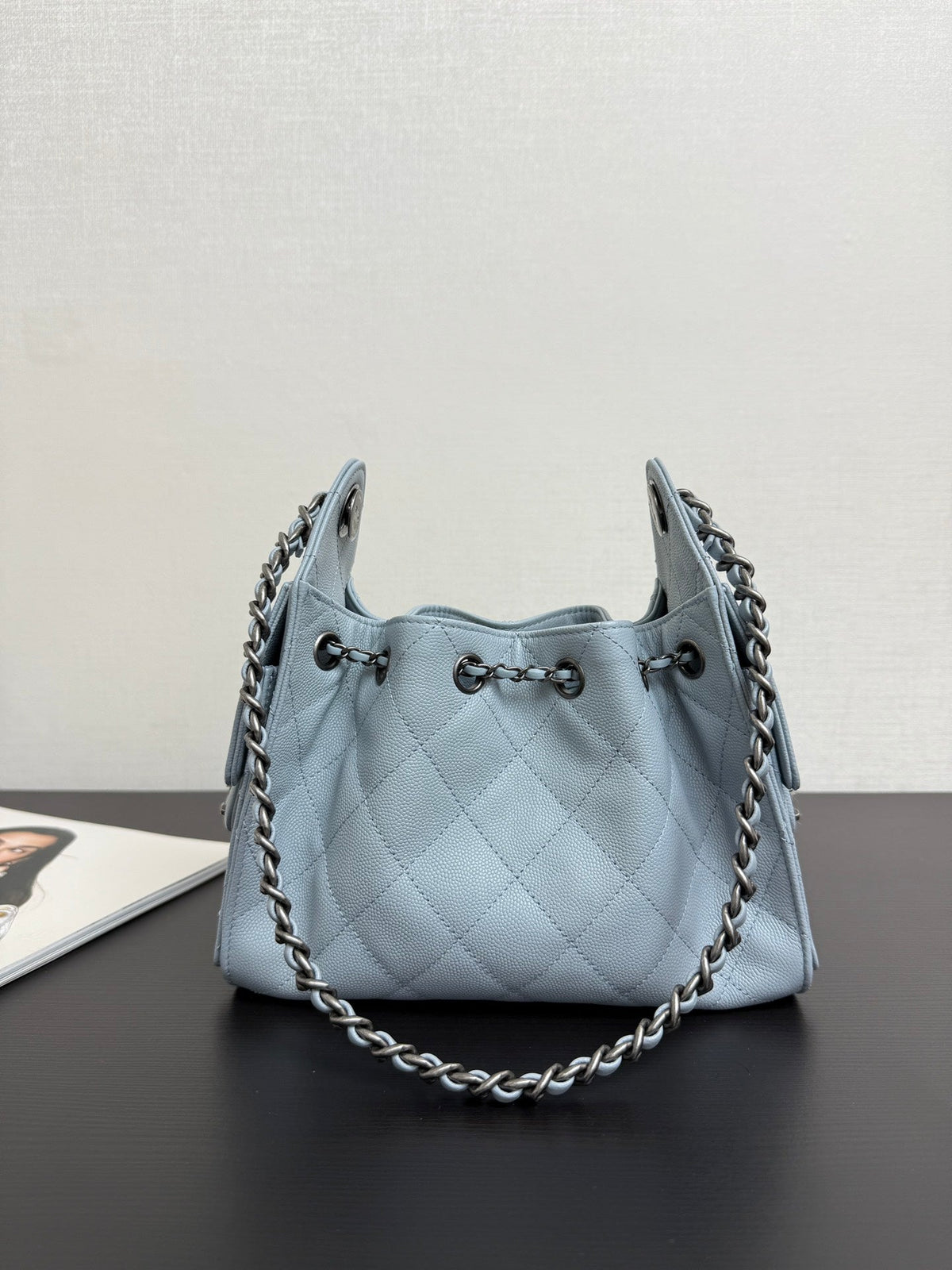 Ch*nel 2026 Hobo Bag 22cm Light Blue Grained Calfskin With Silver Hardware