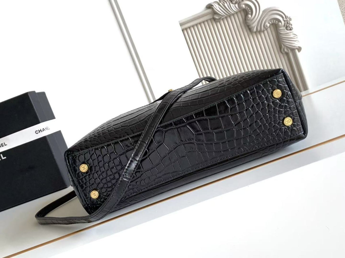 C*C 2026 Maxi Top Handle Bag 31cm Black Crocodile Embossed Leather