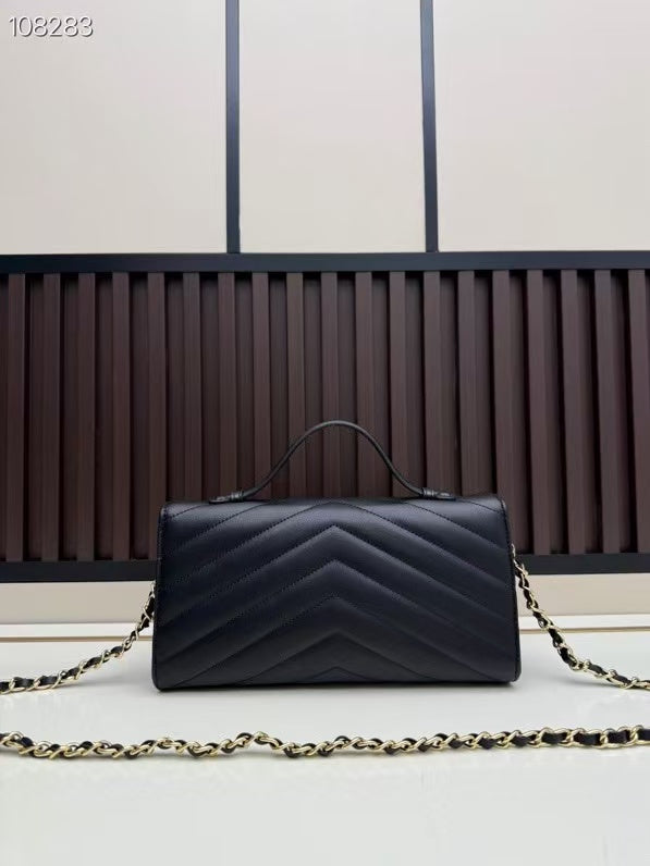 C*C Large Flap Bag With Handles Black Goat Leather