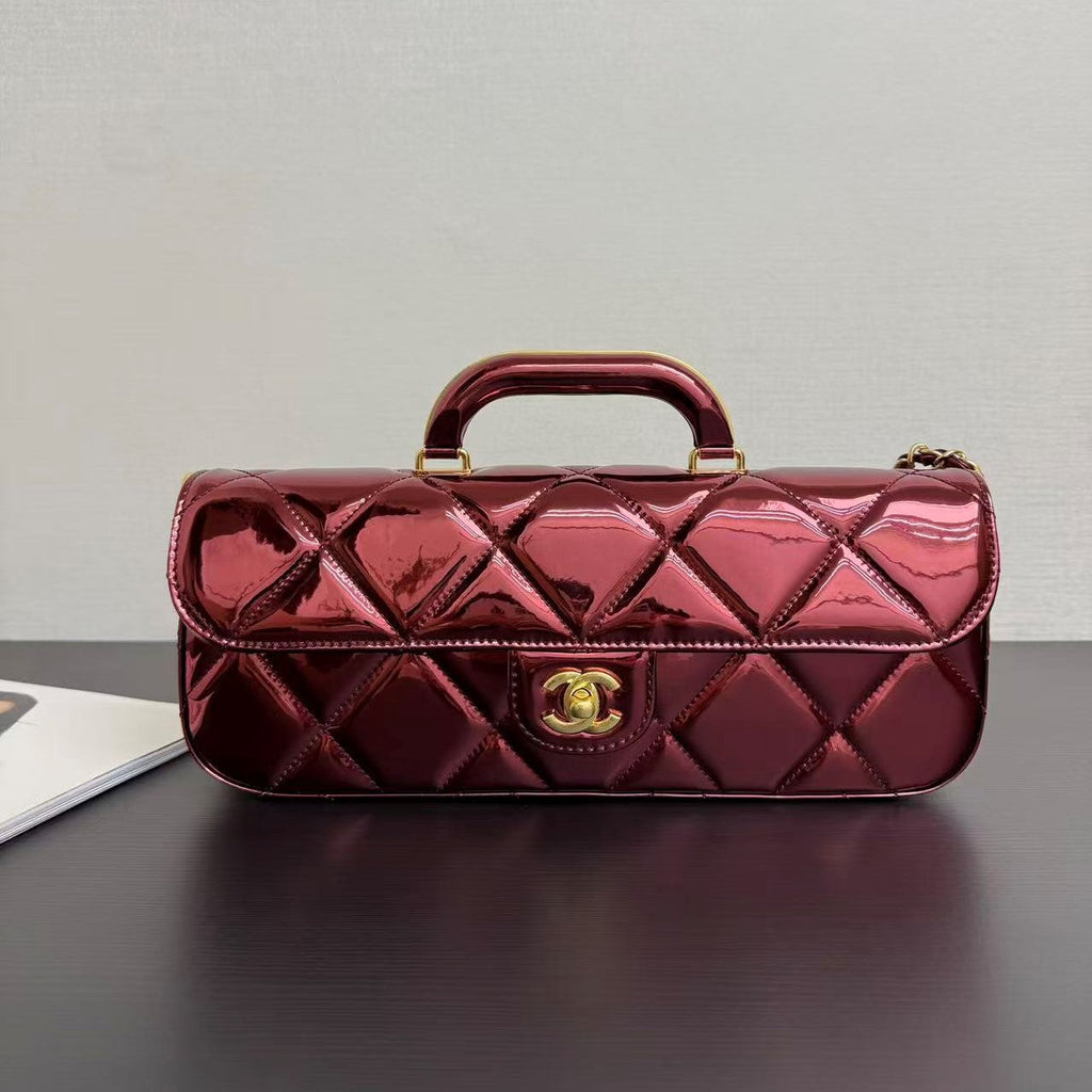 C*C Large Flap Bag With Top Handle Burgundy Metallic Calfskin GHW