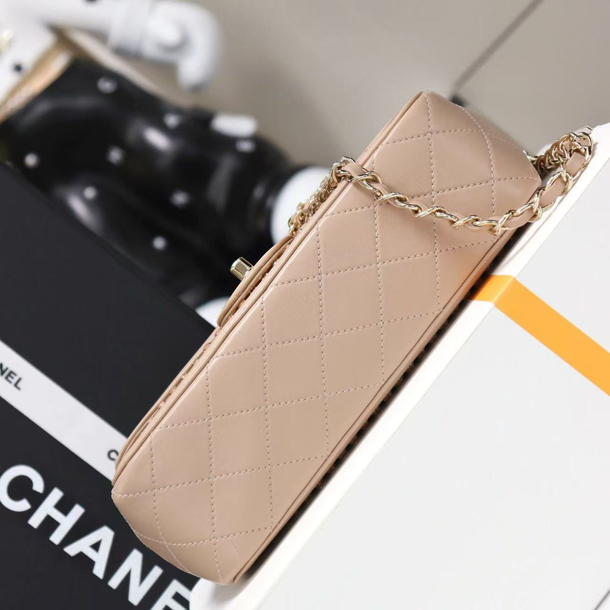C*C Crystal Flap Bag With Pouch Beige Lambskin