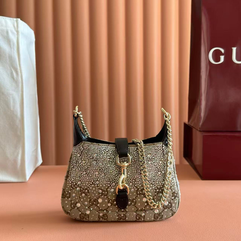 G*G Jackie Notte Mini Crystal Bag Beige Brown Canvas