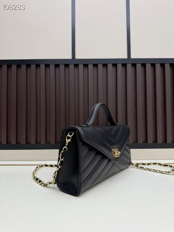 C*C Large Flap Bag With Handles Black Goat Leather