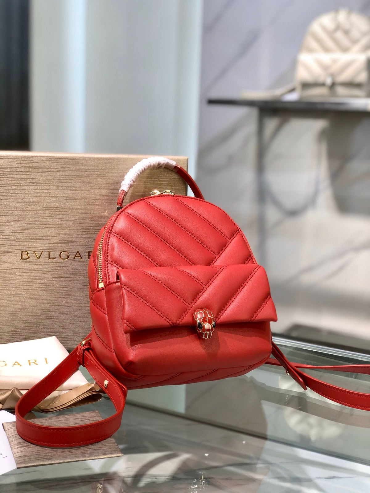 B*V*L Cabochon Backpack 22cm Red Cafskin GHW