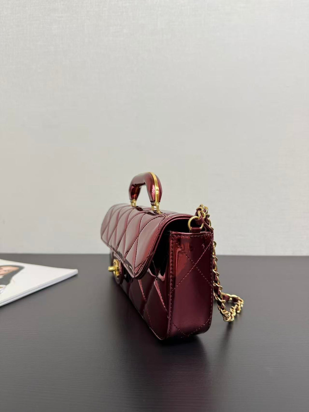 C*C Large Flap Bag With Top Handle Burgundy Metallic Calfskin GHW