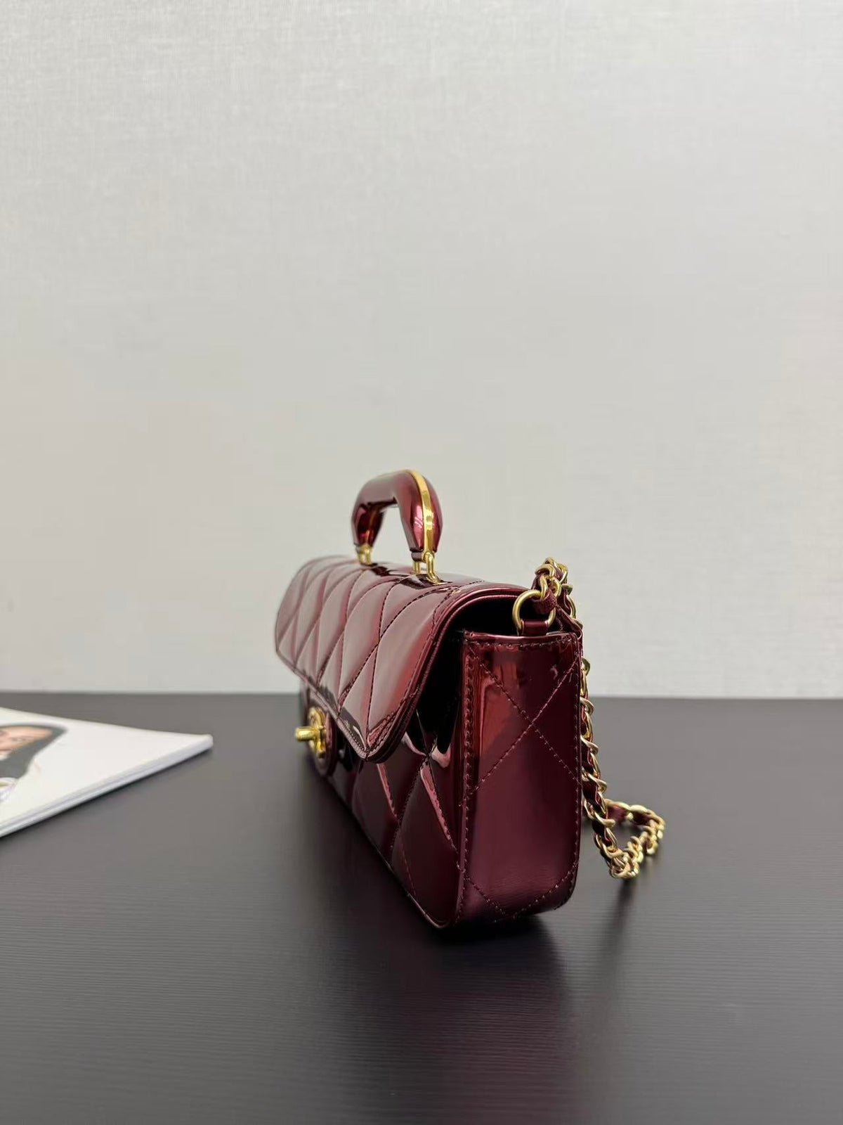 C*C Large Flap Bag With Top Handle Burgundy Metallic Calfskin GHW