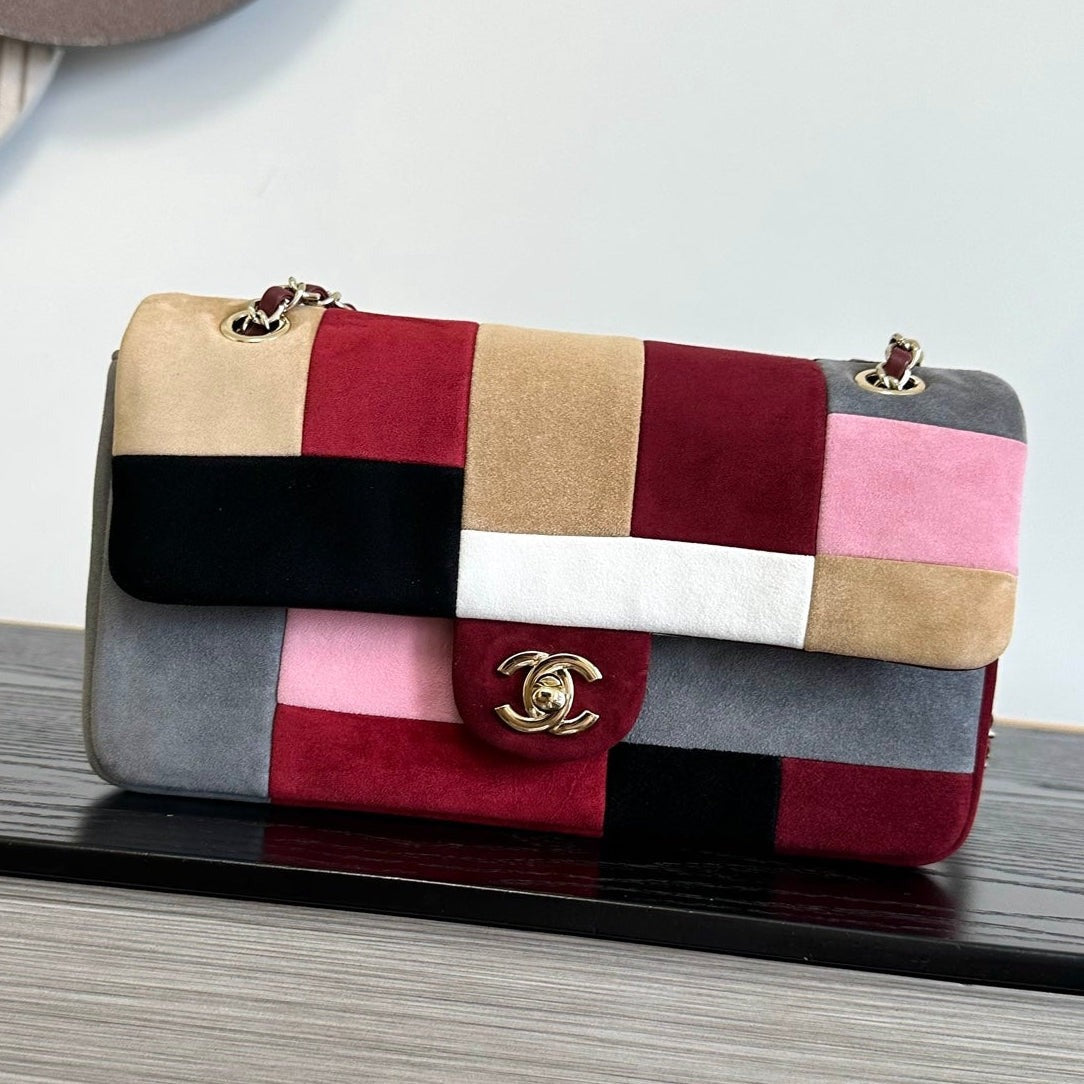 C*C 2026 Flap Patchwork Bag 24.5cm Multicolors Suede Leather