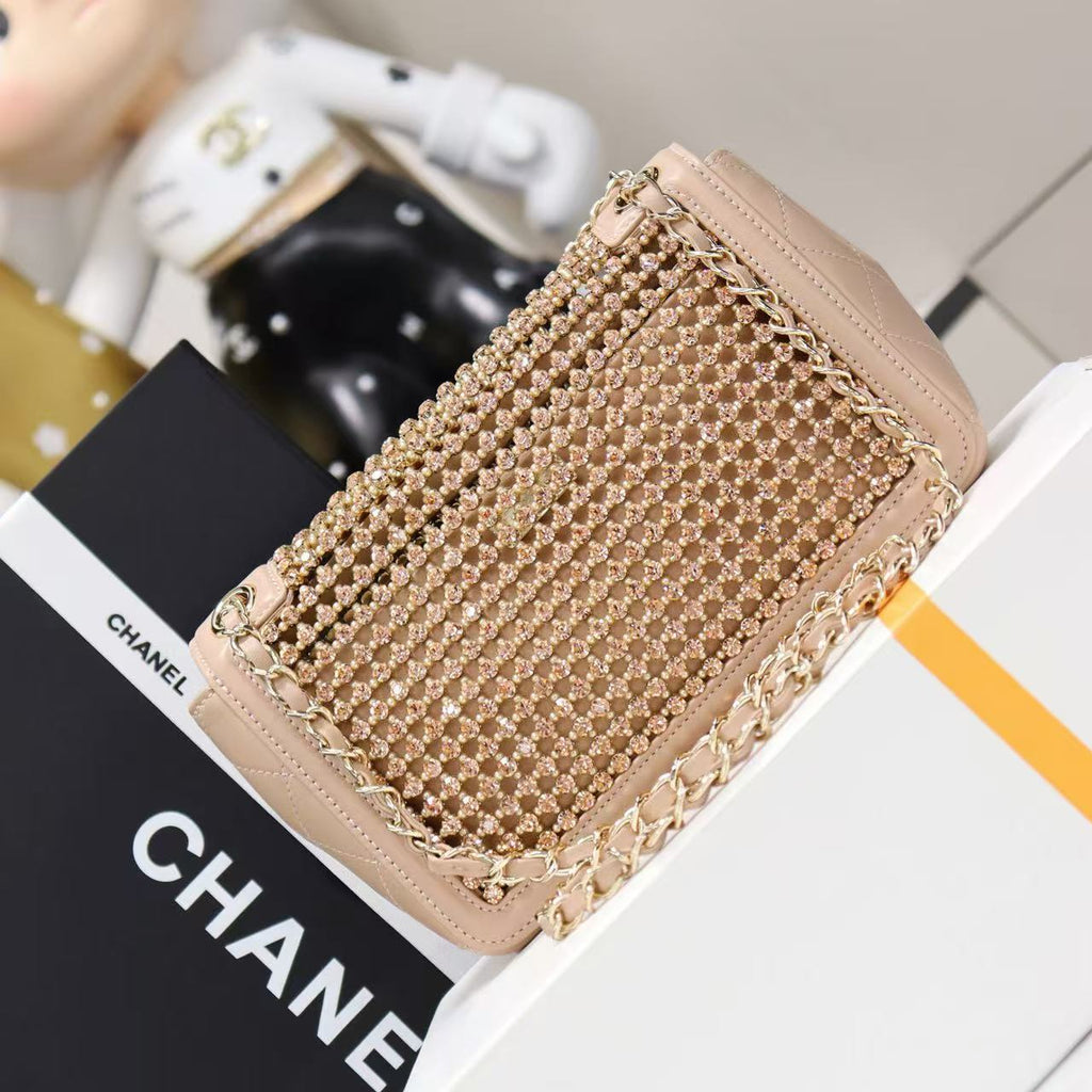 C*C Crystal Flap Bag With Pouch Beige Lambskin