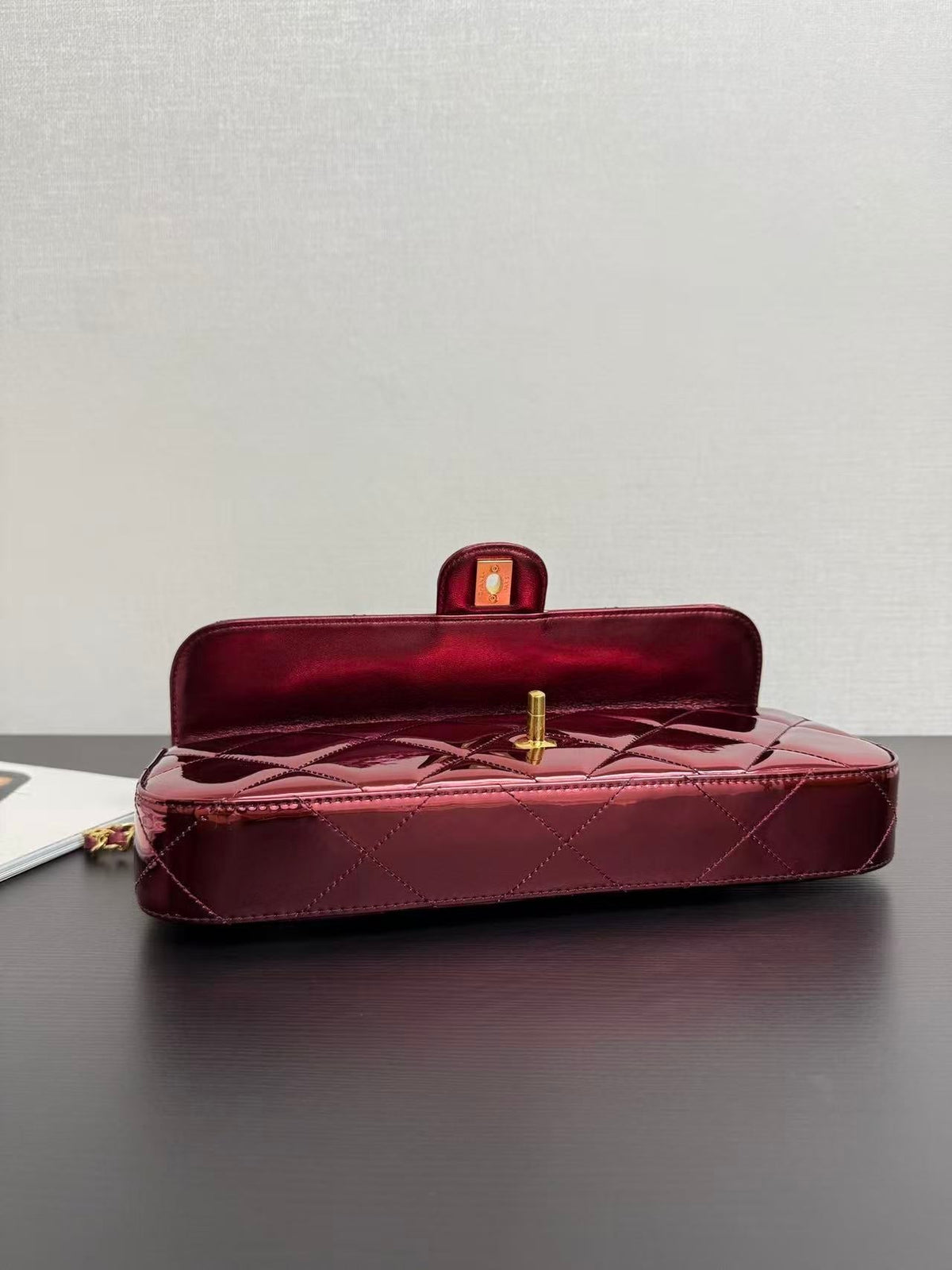 C*C Large Flap Bag With Top Handle Burgundy Metallic Calfskin GHW