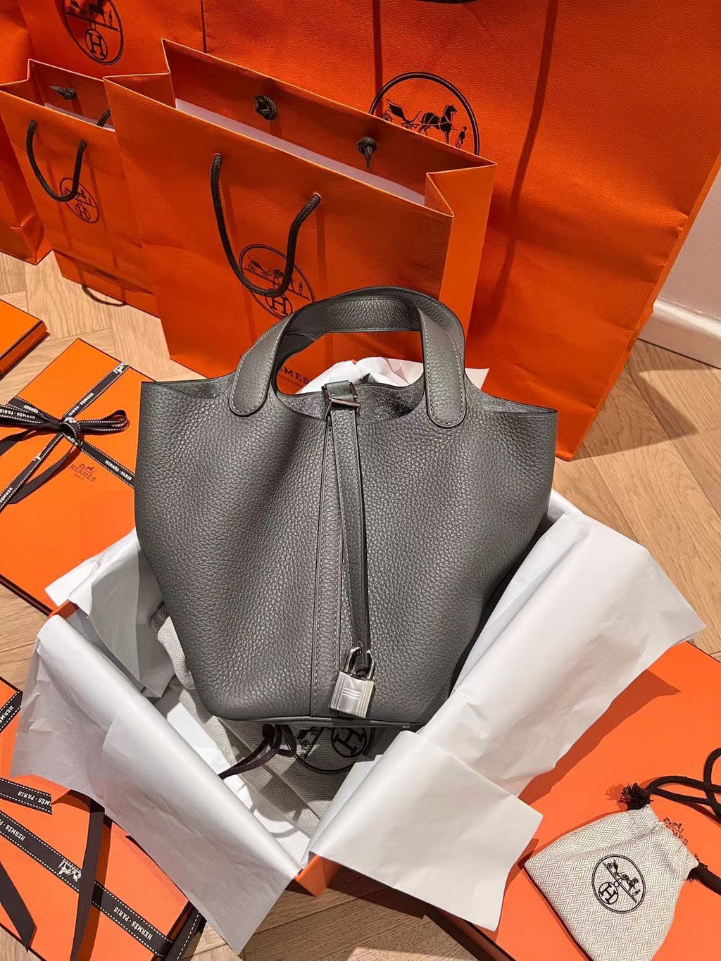 H*M Picotin Lock 18 Bag Grey Cowhide