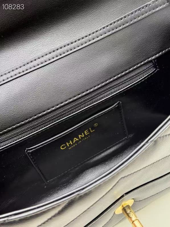 C*C Large Flap Bag With Handles Black Goat Leather