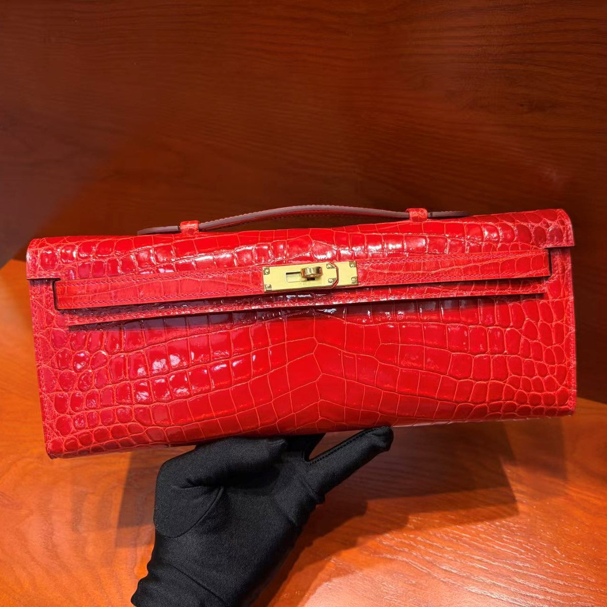 H*M Kelly Cut 31cm Red Patent Crocodile Leather