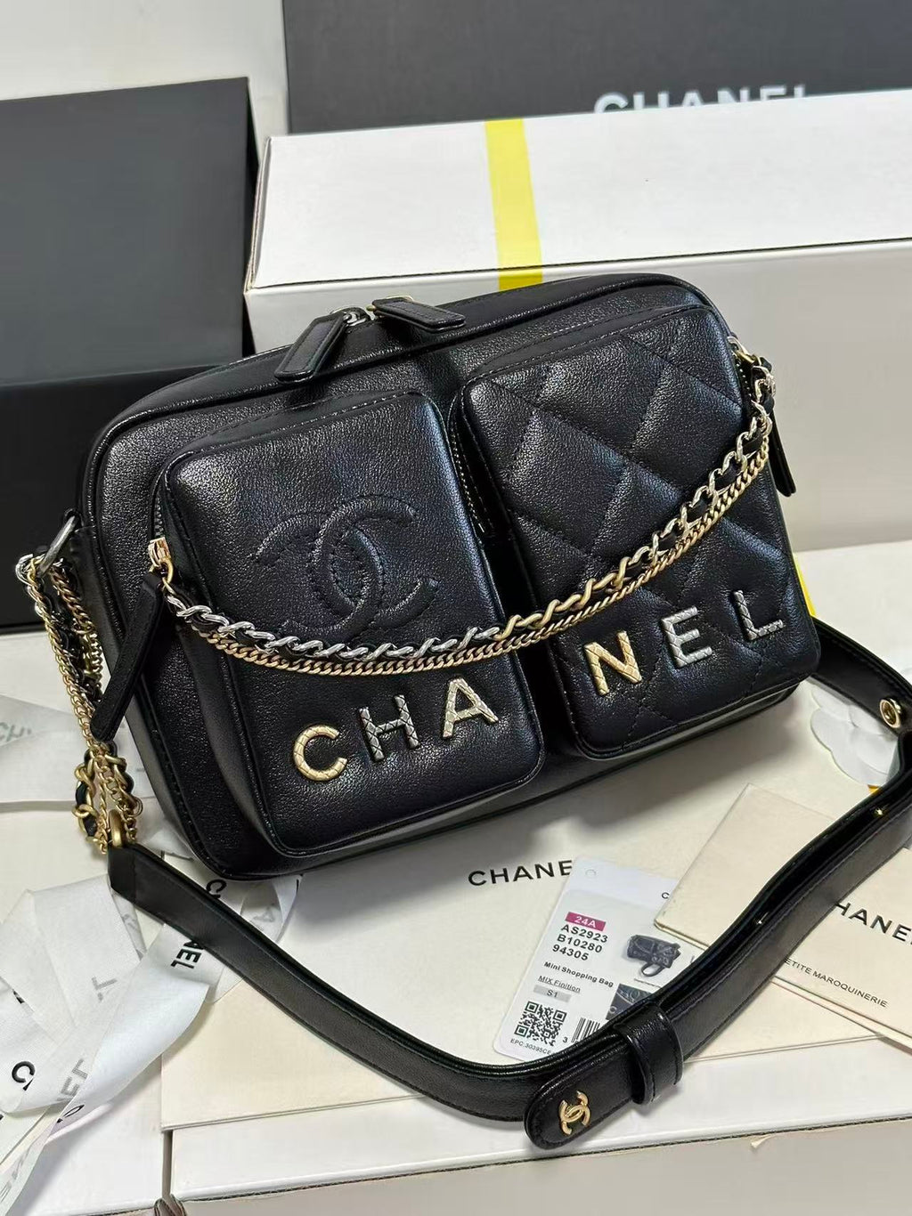 C*C 22C Early Spring Crossbody Bags Black Lambskin