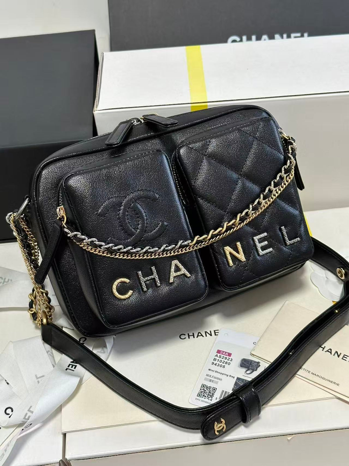 C*C 22C Early Spring Crossbody Bags Black Lambskin