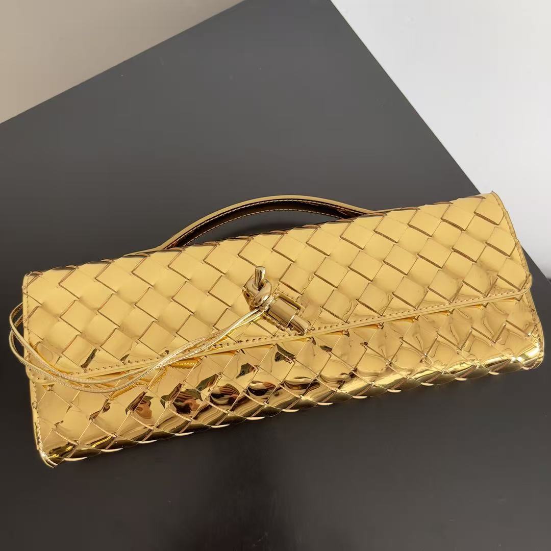 B*V Long Clutch Andiamo With Handle 31cm Golden Metalic Calfskin