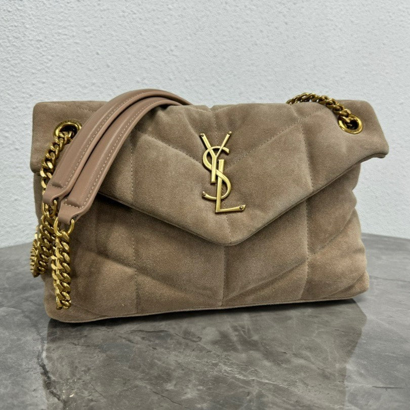 LOULOU PUFFER SMALL 29 LIGHT BROWN SUEDE GHW